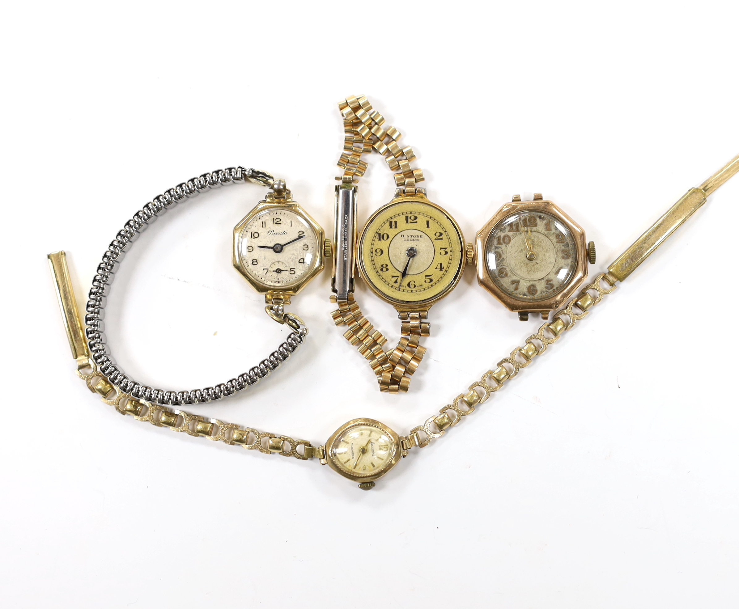Four lady's assorted 9ct gold manual wind wrist watches, including Accurist and Precista, three on gold plated or rolled gold bracelets.